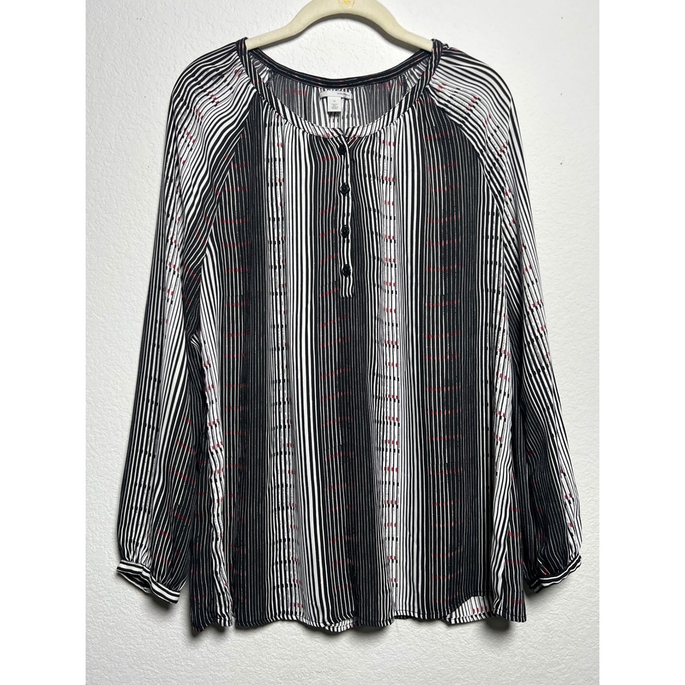 Halogen Blouse Med Black White Women Mod Striped Long Sleeve Button Tunic Office